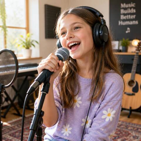 Happy girl singing into a microphone